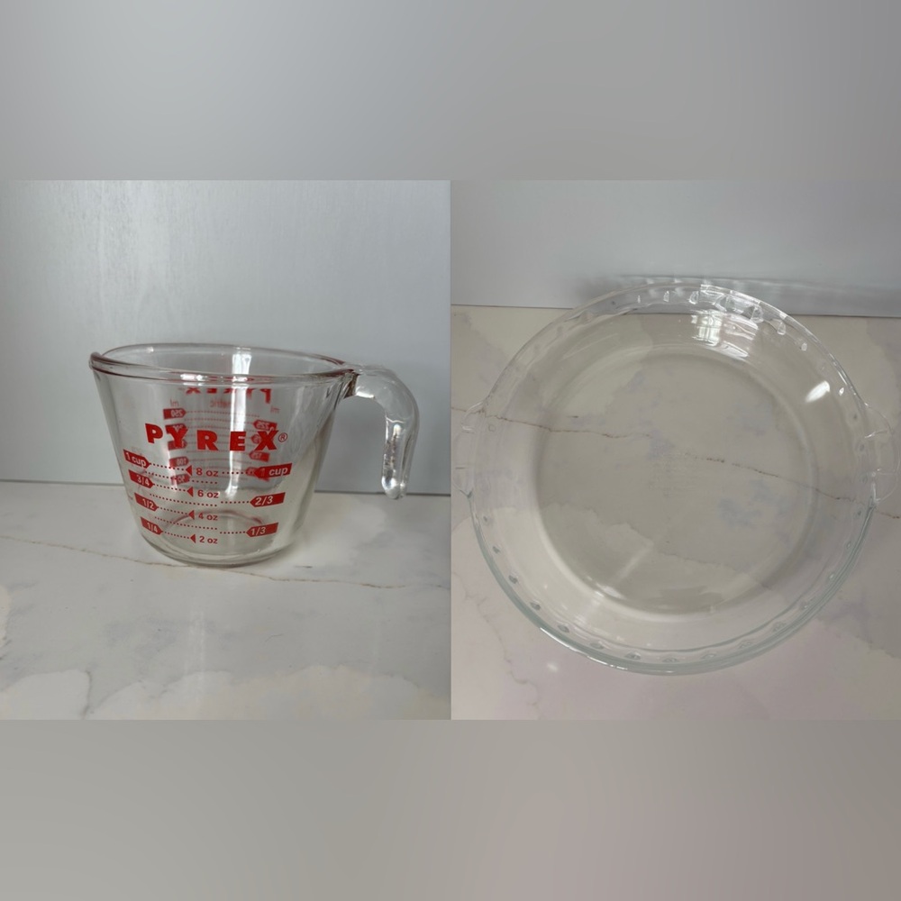 Vintage SET PYREX 1 Cup #14 glass measuring Cup & clear glass deep-dish pie #229
